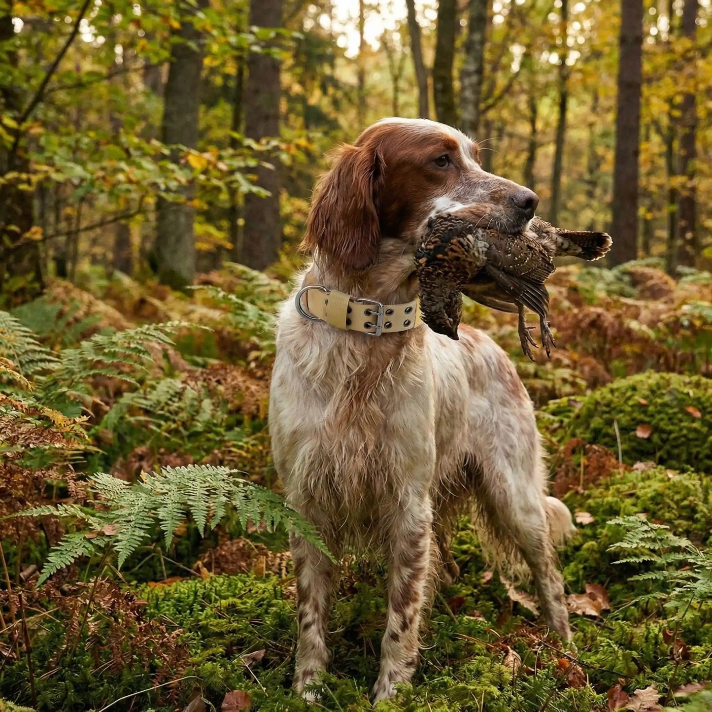 chien setter forêt avec perdrix dans bouche portant collier chien beige 