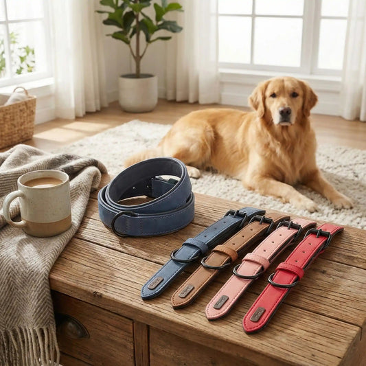 Golden retriever avec tous les collier chien cuir disponibles sur table