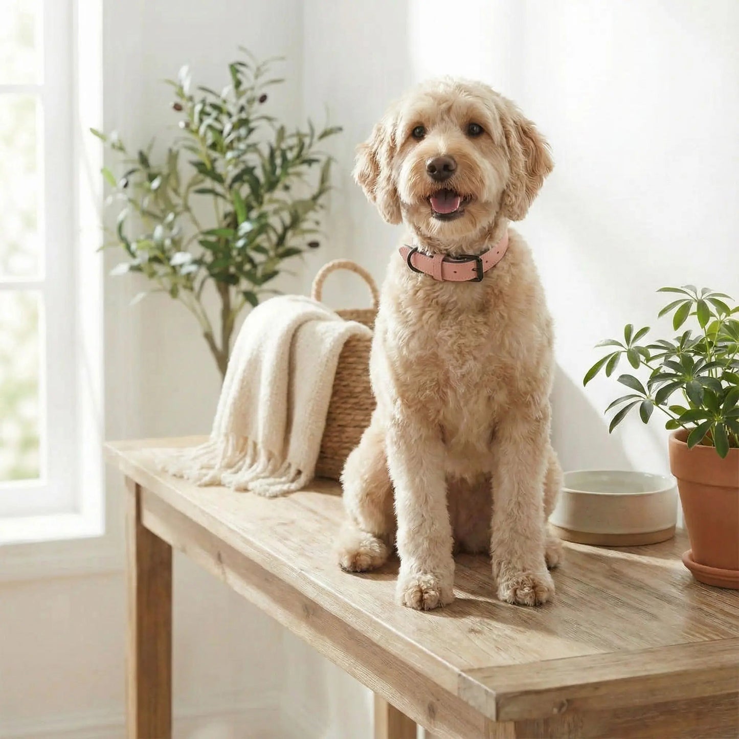 chien blond portant fierement collier chien cuir rose