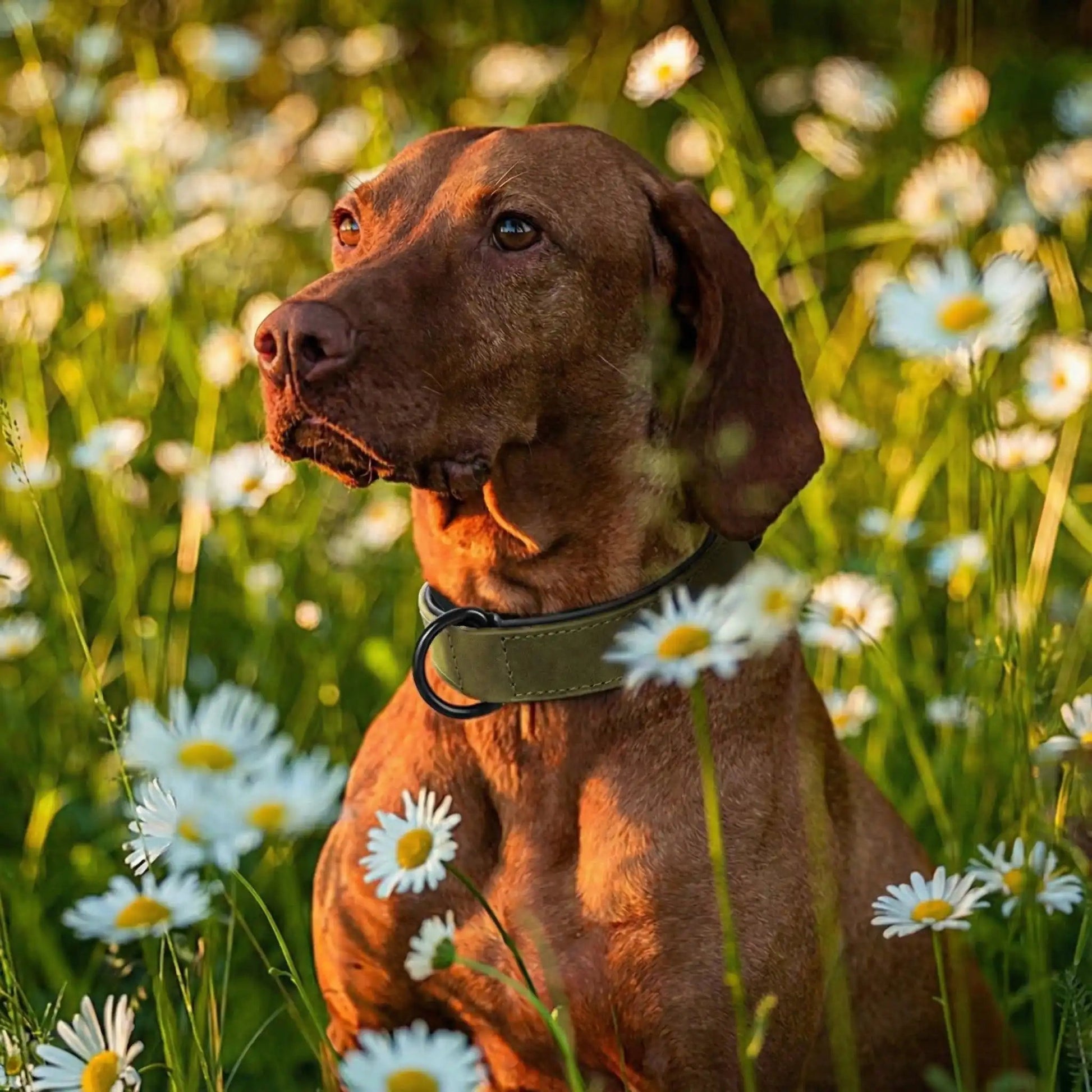 Chien brun poil court assis dans champ marguerites blanches portant collier couleur cafe