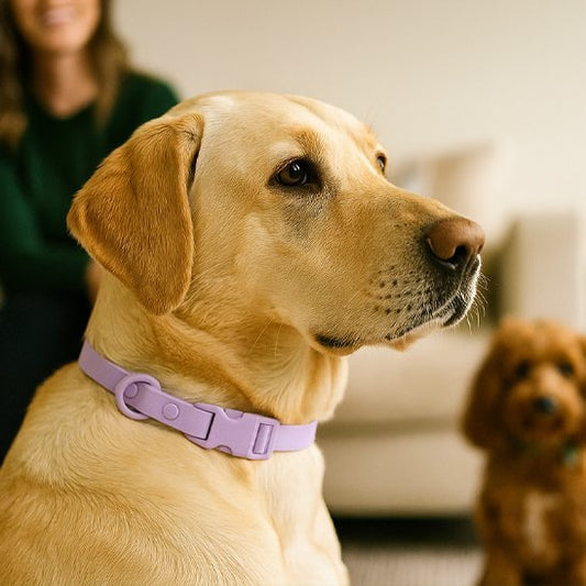 Chienne labrador beige portant collier chien violet dans un salon avec un petit caniche   